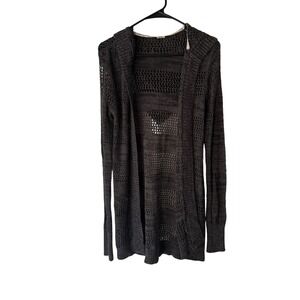 Roxy Womens Medium Gray Hooded Open Front‎ Knit Crochet Cardigan Sweater Boho